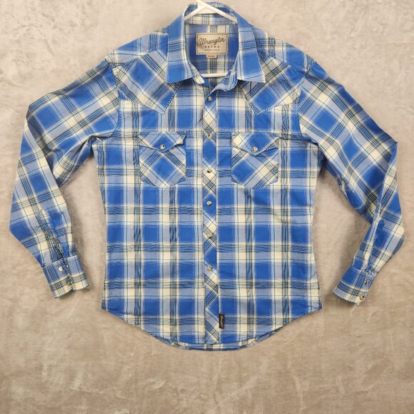Wrangler Other - Wrangler Retro Western Shirt Blue Plaid Pearl Snap Button Mens Size M